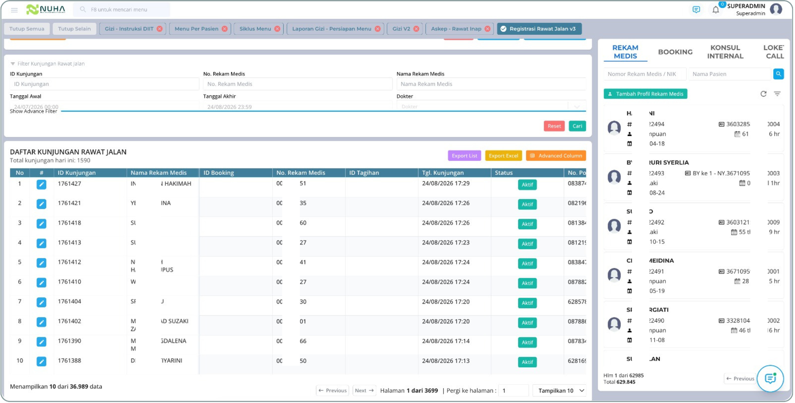 Tampilan fitur Booking & Manajemen Antrian pada Modul Admisi NUHA
