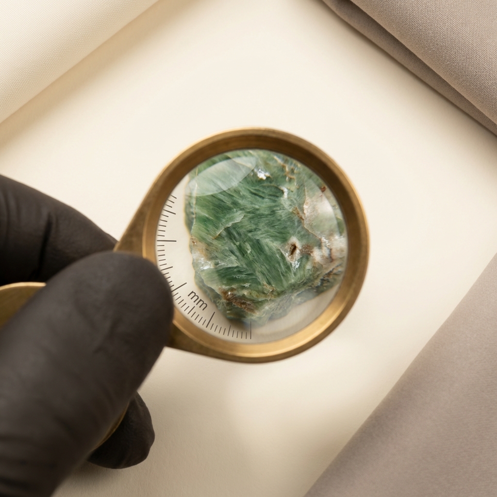 Macro view of interlocking fibrous jade grain under a jeweler loupe with millimeter scale and a gloved finger for context on an ancient jade ring