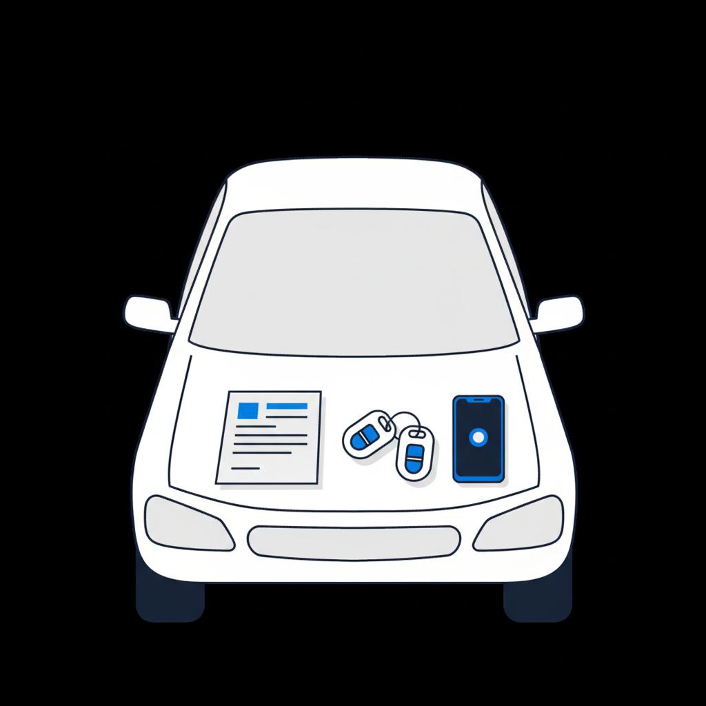 Minimal 2D vector of a vehicle history report on a car hood next to keys and a phone implying a driveway handover for kelley blue book trucks