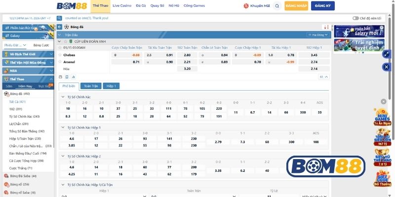 Bảng tỷ lệ kèo trận Chelsea vs Arsenal ngày 15/01/2026