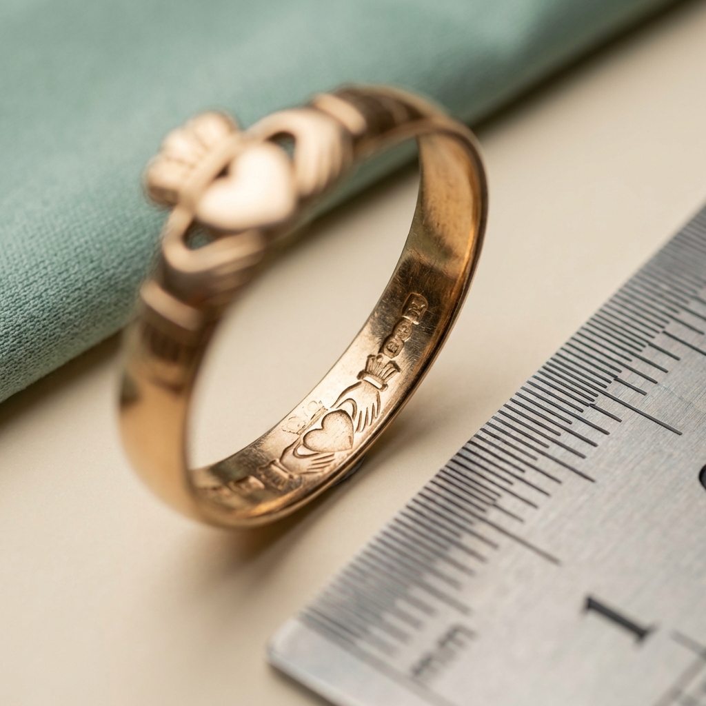 Macro closeup of an ancient claddagh ring inner hoop showing a partial hallmark and a ruler for scale on a soft beige background ede7da minimalist studio composition