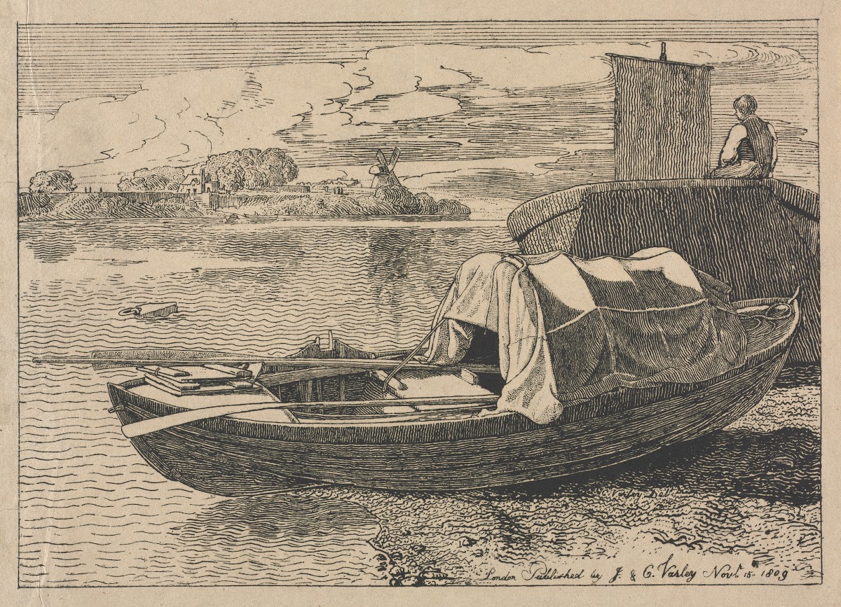 Boats on a River Windmill in Distance 1809