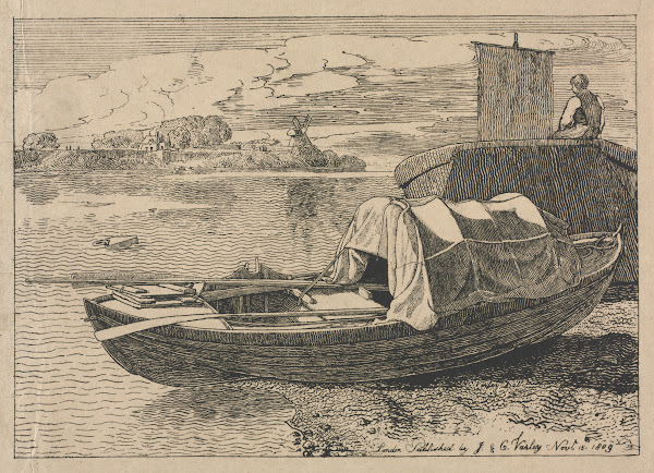 Boats on a River Windmill in Distance 1809