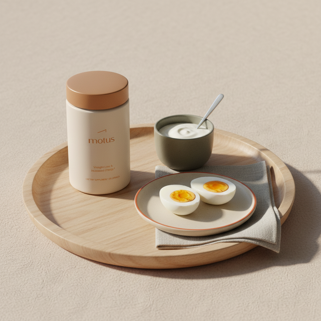 Tonum supplement jar on a wooden tray with Greek yogurt and a boiled egg, minimalist breakfast scene illustrating signs of low protein intake