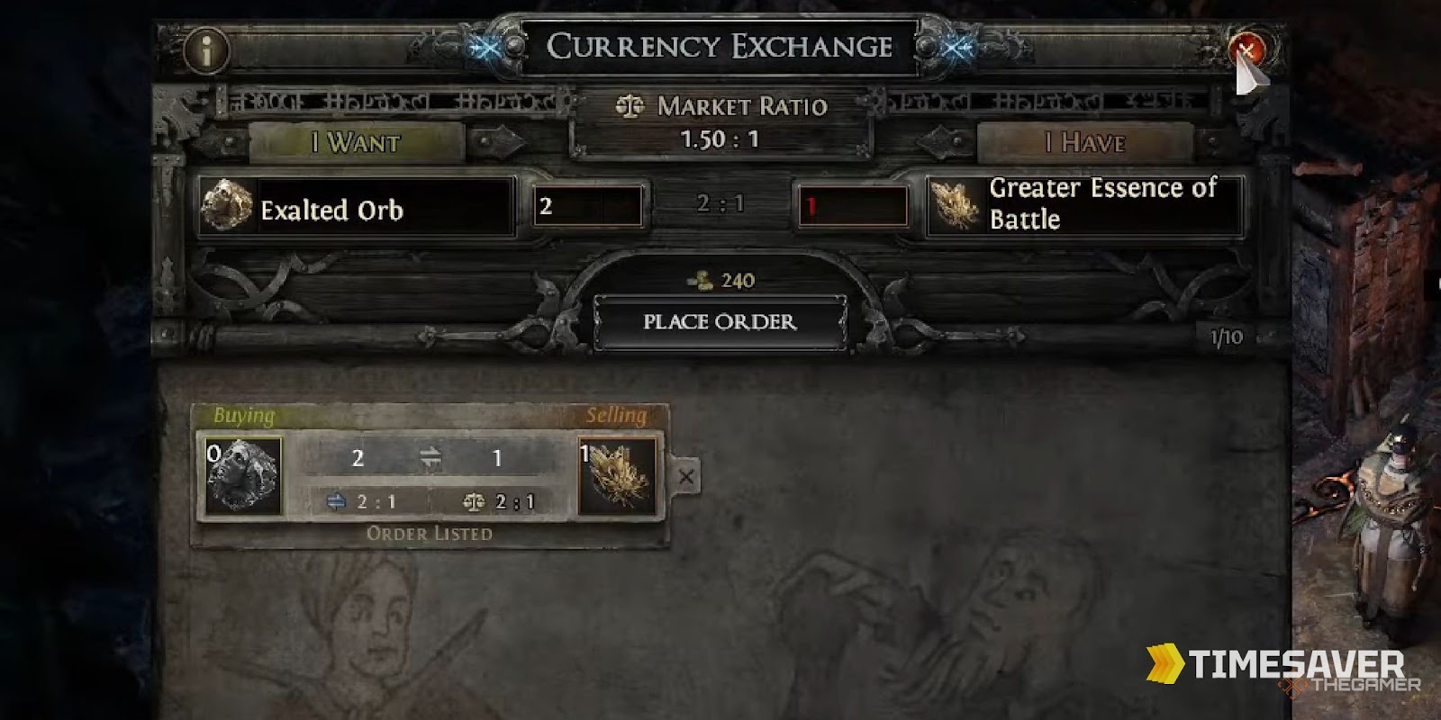 PoE2 Currency Exchange order book showing the Market Ratio against Exalted Orbs used to price Chaos Orbs live