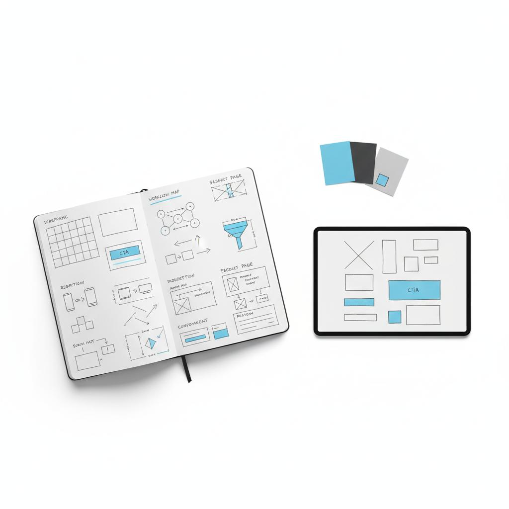 Flat-lay workspace with notebook wireframe sketches, brand color swatches (#1a5bfb, #39383f) and a tablet mockup illustrating web design principles.