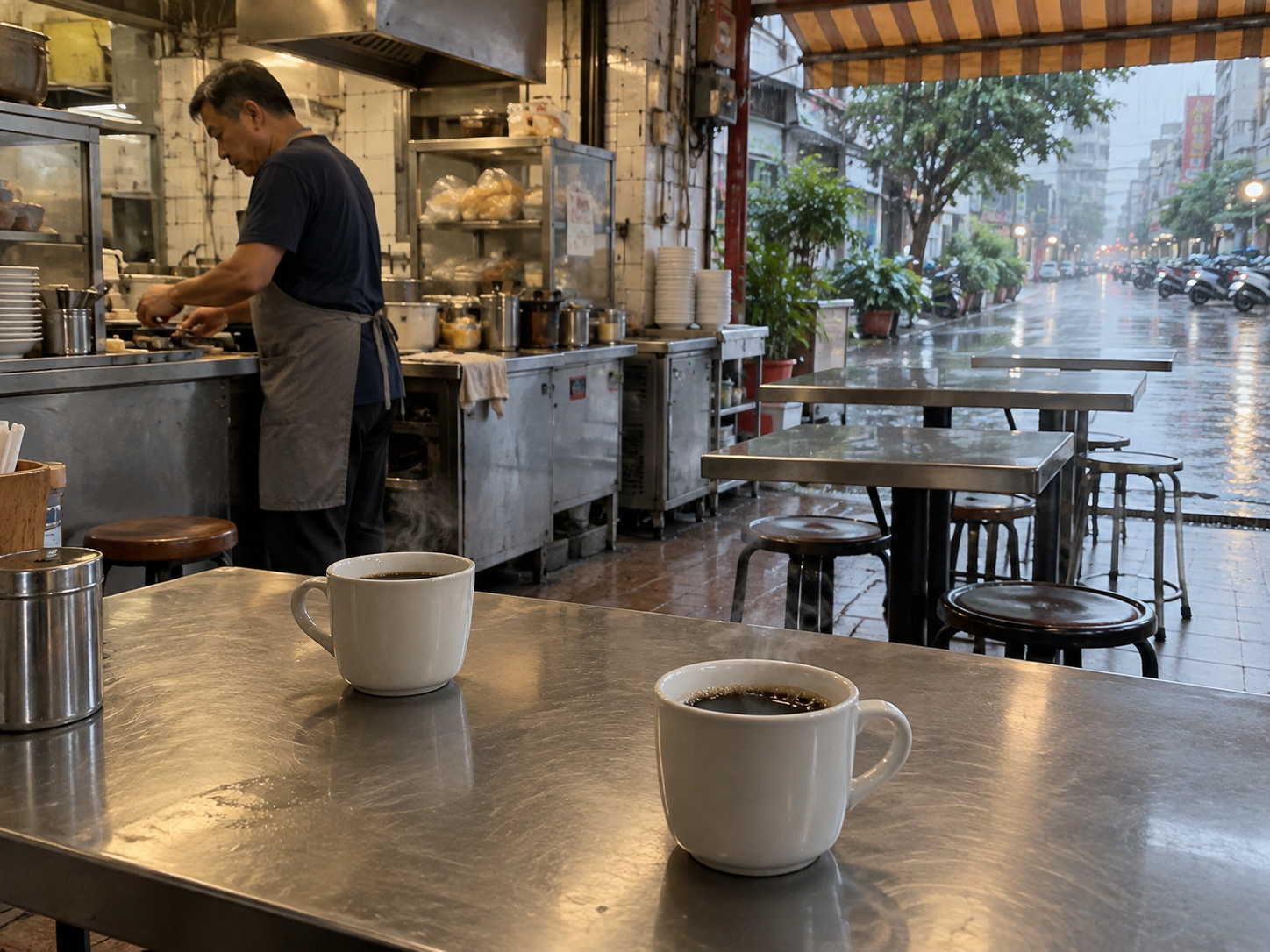 下雨天的早餐店桌上只有兩杯咖啡，其他座位空著