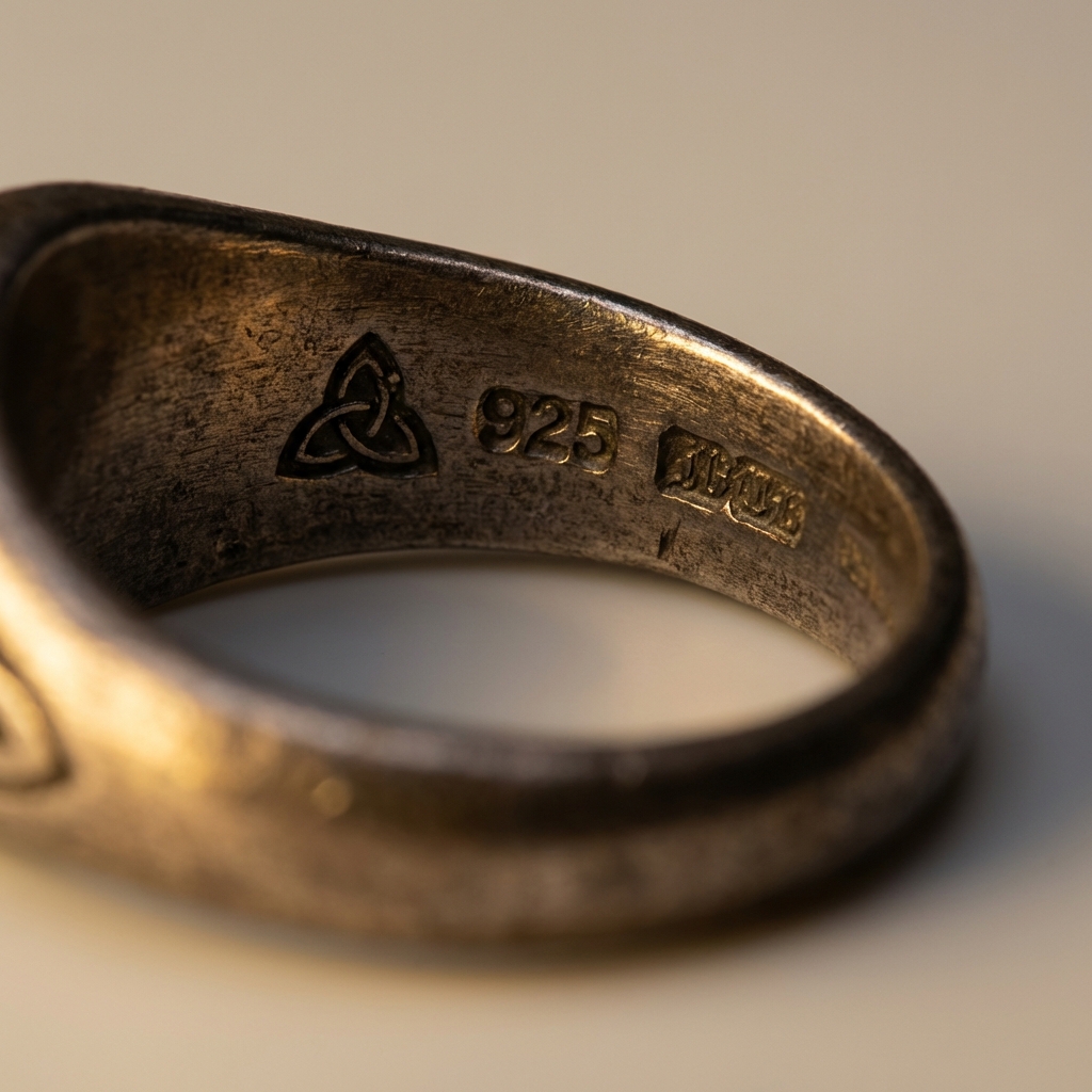 Full frame macro of antique celtic rings hallmarks in raking light showing crisp engraved stamps and metal texture on warm neutral background ede7da