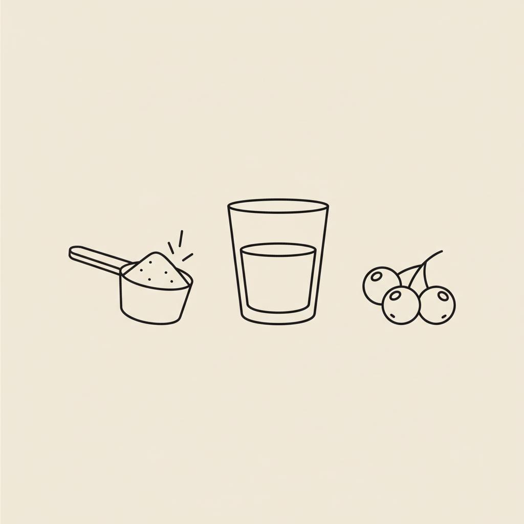 Minimal Tonum-style line illustration of a protein powder scoop, water glass, and leaf/berry cluster on beige background representing protein shakes for belly fat