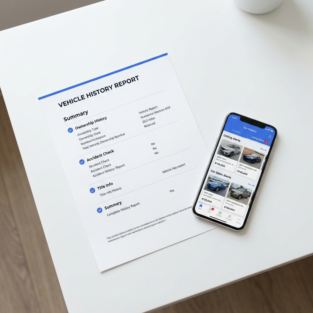 Close up of a vehicle history report printout beside a smartphone showing listing alerts for usedcars near me on a clean white minimalist background with blue brand accents