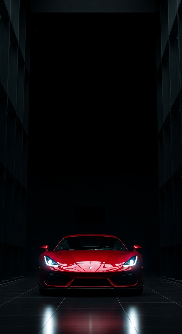 Close-up Dark Red Sports Car in Modern Black Architecture - Free 4K mobile Wallpaper