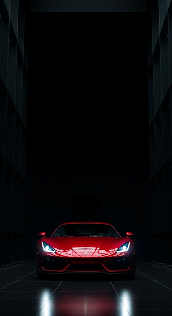 Close-up Dark Red Sports Car in Modern Black Architecture - Free mobile Wallpaper