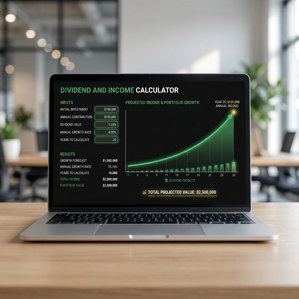 Close up laptop screen showing dividend and income calculator and growth chart illustrating how much to invest to earn $1000 a month with subtle Finance Police green accents