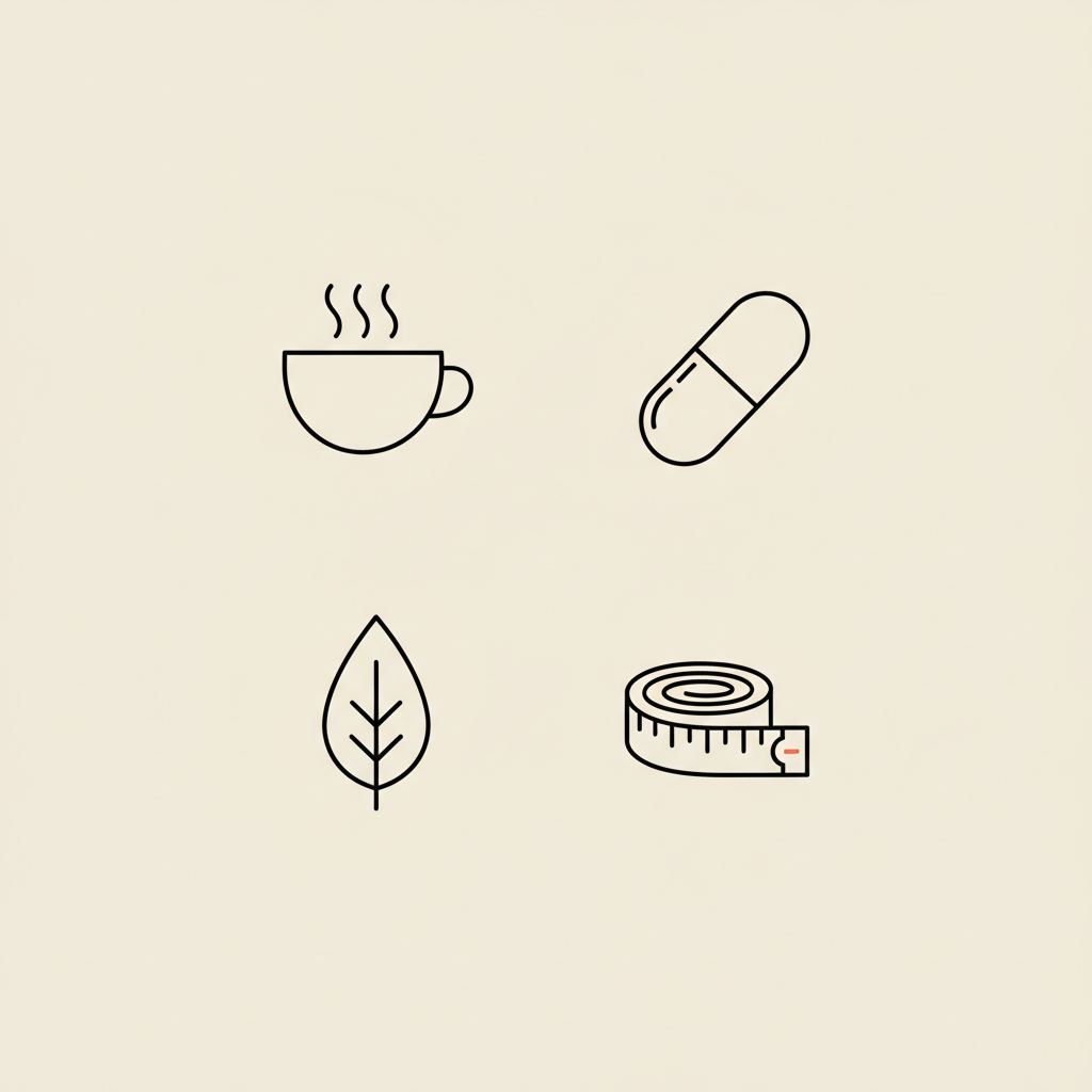 Minimal Tonum-style line illustration of a cup, capsule, leaf and measuring tape arranged in a circle on beige background, representing a cortisol drink for belly fat
