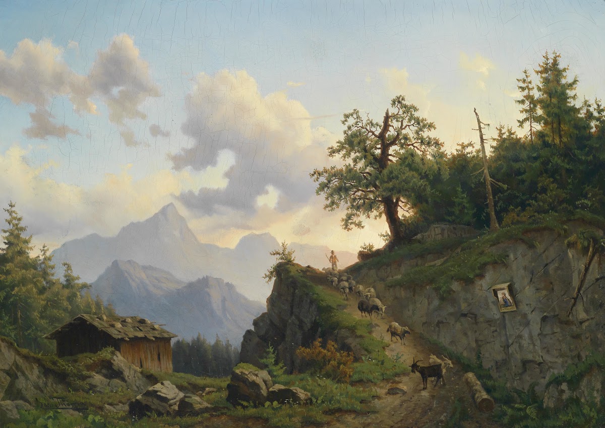 Schafhirte mit seiner Herde am Heimweg