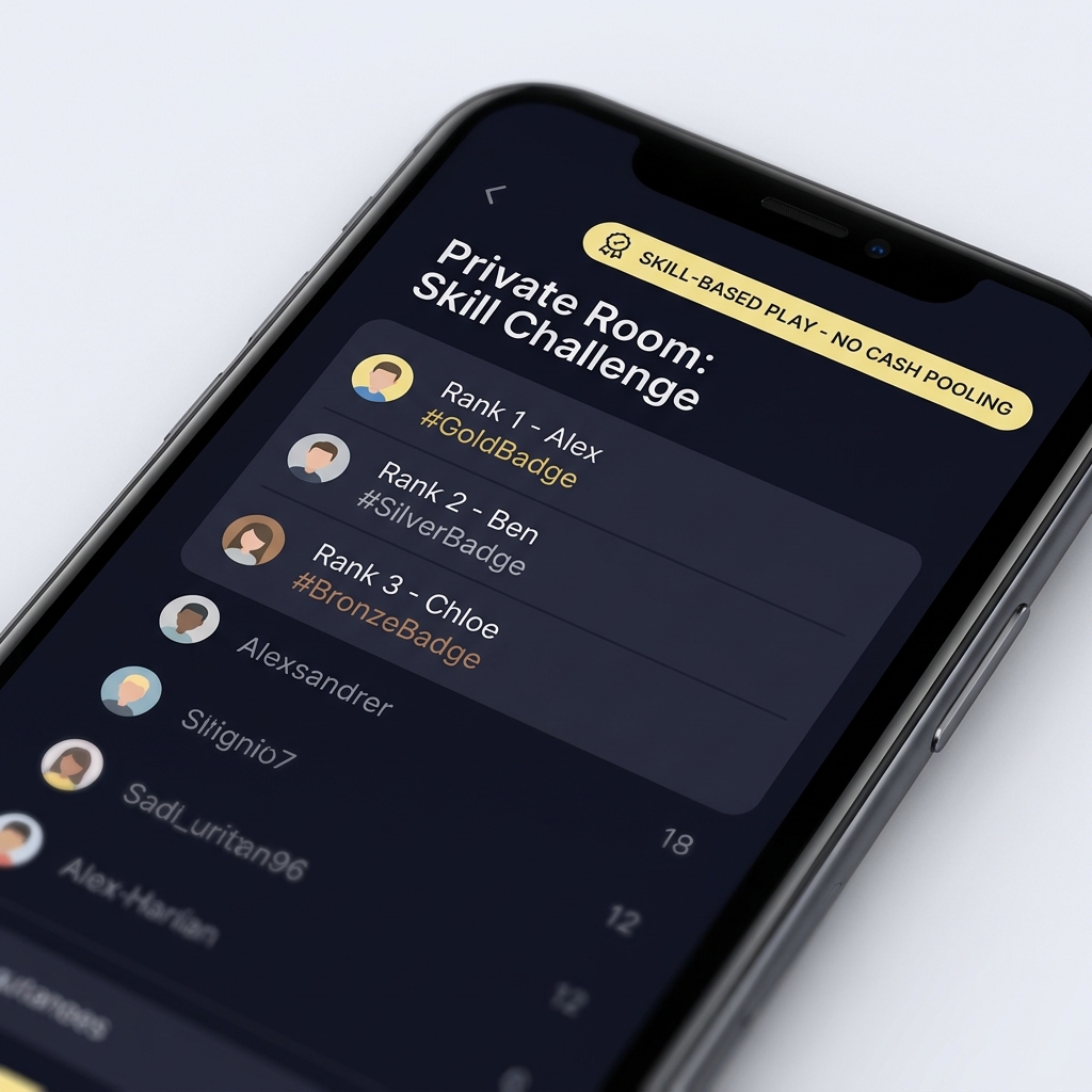 Close up smartphone screen showing a non monetary leaderboard and private room label on a social betting app minimalist dark interface in Funded Plays brand colors