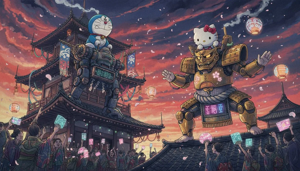 Ilustración surrealista japonesa Sumi-e que fusiona la estética del período Edo con el absurdo futurista.