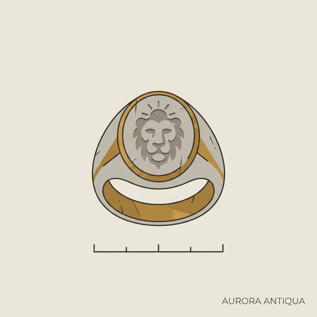 Close up 2D vector of an antique viking ring bezel with worn intaglio and visible inner surface on a neutral background with scale bar minimalist Aurora Antiqua aesthetic