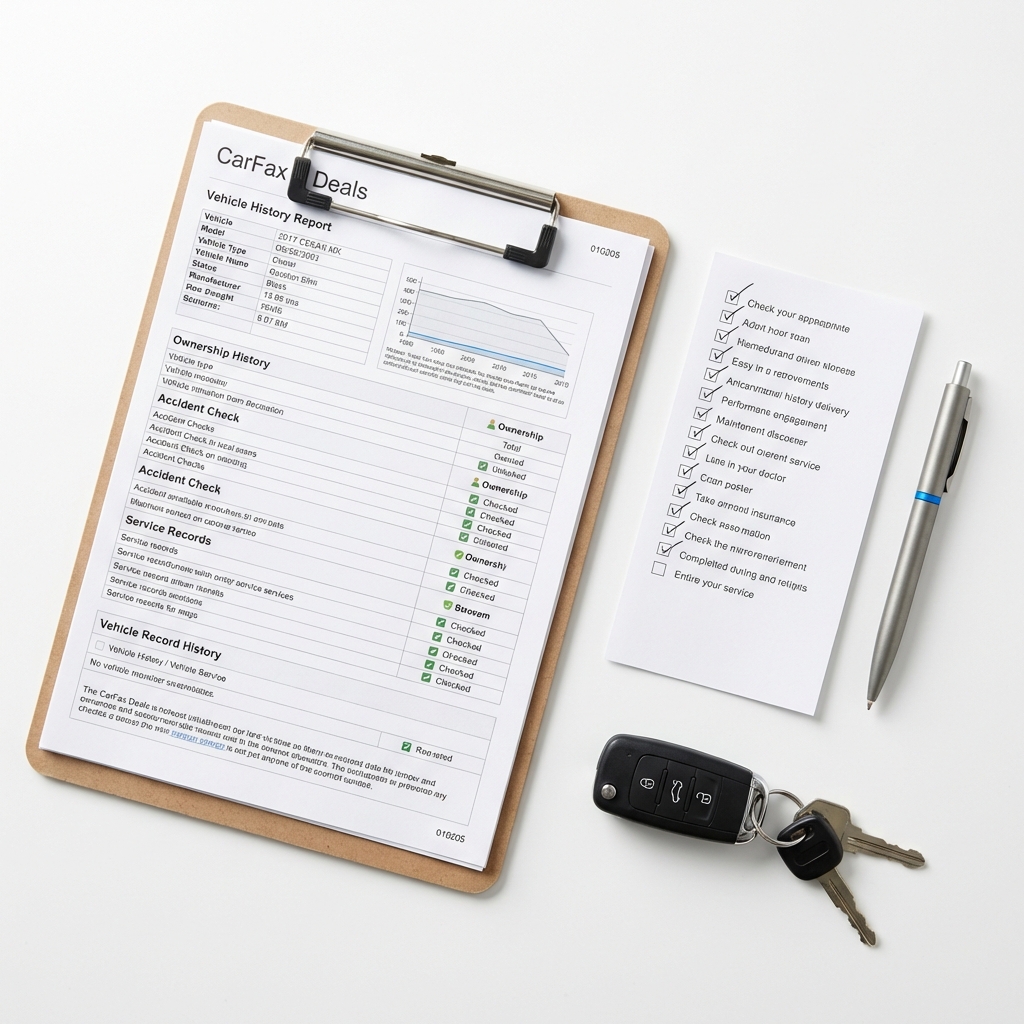 Close up vehicle history report on clipboard next to car keys checklist and pen minimalist white background used cars for sale under 5 000