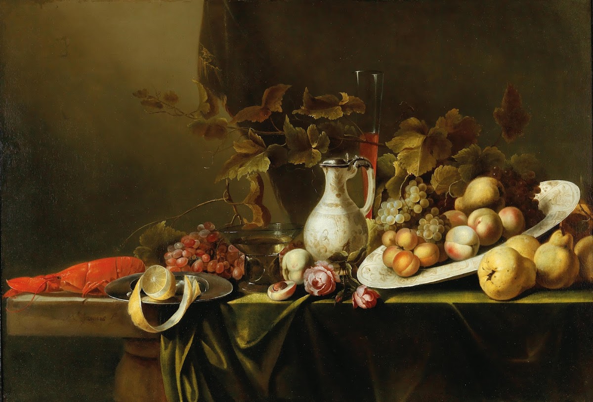 Fruit flowers a boiled lobster and a jug