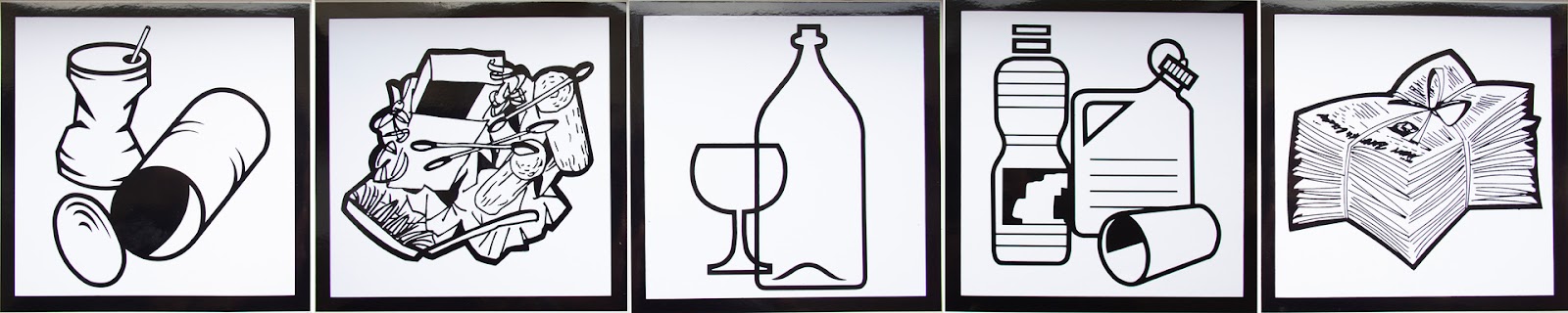 Set Stickers, zelfklevend, bestaande uit 5 stickers met de symbolen: glas, papier, kunststof, metaal, restafval