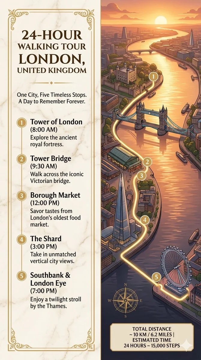 Póster infográfico del recorrido a pie de 24 horas por Londres