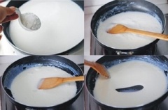 Làm kẹo sữa: Cho 200ml sữa tươi, 200g kem sữa tươi, 30g đường trắng, 1 muỗng cà phê vani vào nồi, nấu lửa vừa đến khi nước trong nồi chuẩn bị sôi, vặn lửa nhỏ lại. Vừa nấu, vừa khuấy đều để hỗn hợp trong nồi sệt lại.