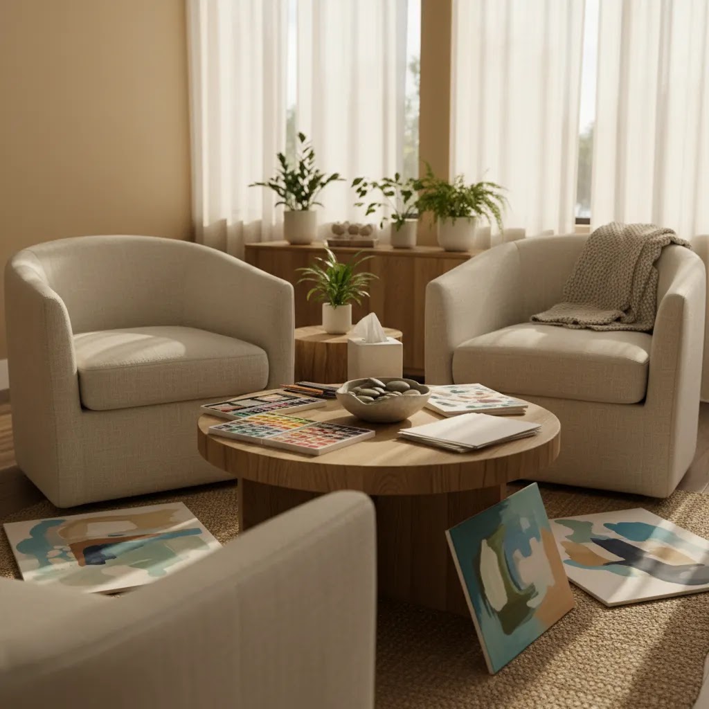 Art therapy Singapore Reddit discussion of therapist fit shown in a calm counseling room with art materials