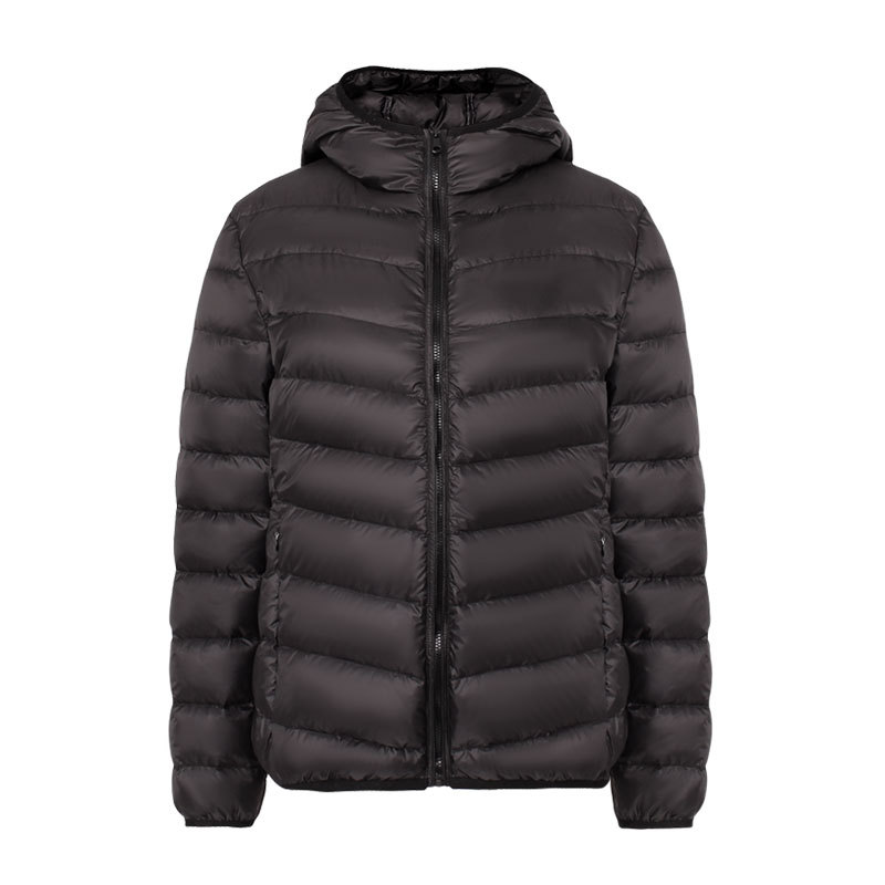Light women's down jacket with a hood, water-repellent