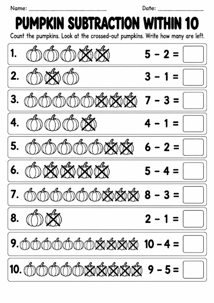 Pumpkin Subtraction Within 10 Worksheet
