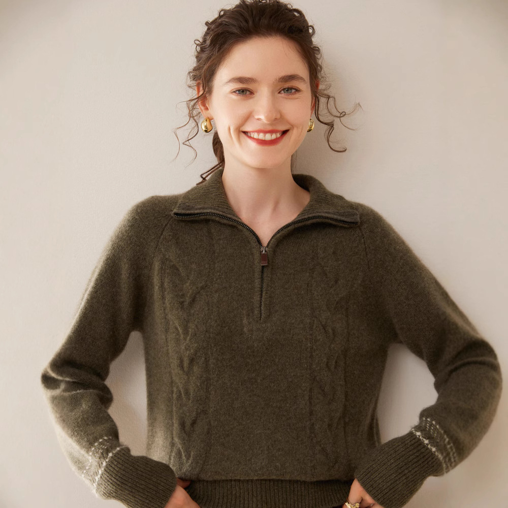 Women's Cashmere Sweater with Stand Collar and Zipper