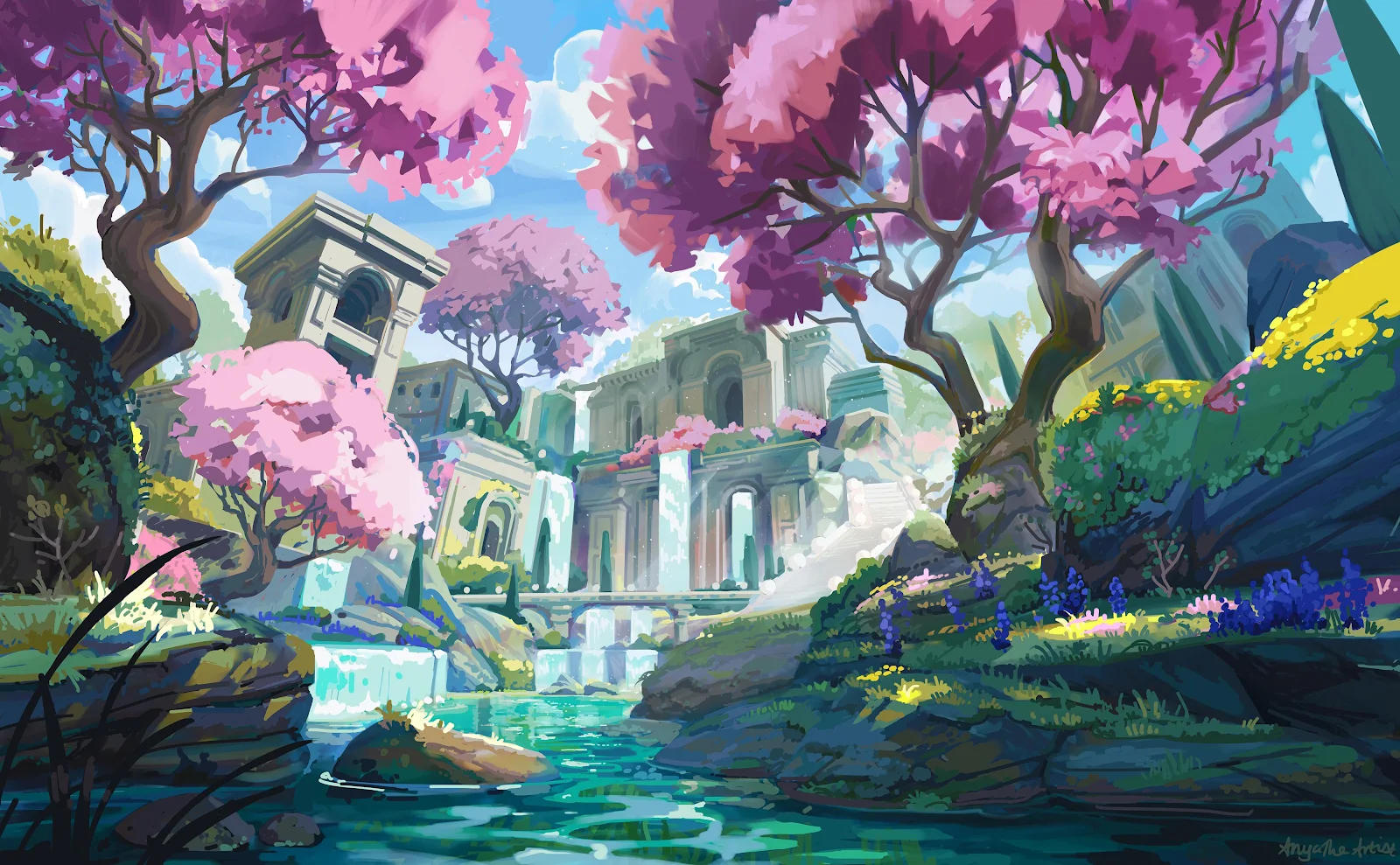 Fantasy Ruins With Cherry Blossoms - Digital Art 4K Wallpaper (4000x2472)