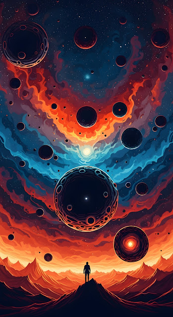 Surreal Cosmic Landscape with Floating Dark Planets - Free mobile Wallpaper