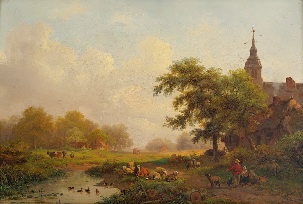 Summer Landscape With Sheperds And Cattle Near A Village 1865
