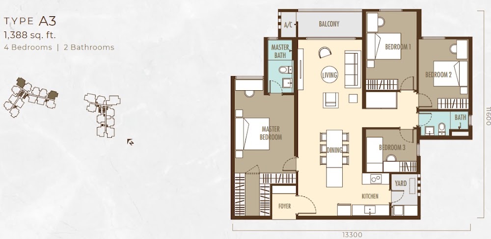 Ayanna Type A3 floor plan — 1526 sq ft, 4 bedrooms