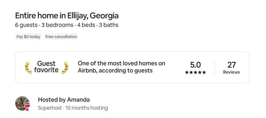 Airbnb listing for Orchard & Vine Mountain Haus in Ellijay, Georgia showing the Guest Favorite badge, 5.0 rating, and 27 reviews
