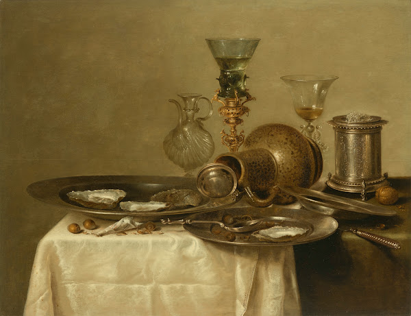 Three pewter plates with oysters an over turned stoneware jug a silver salt cell