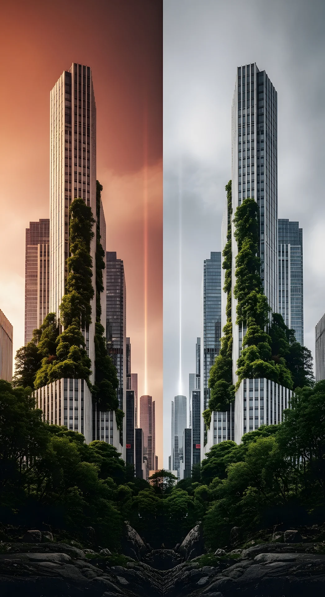 Architectural Split of Green Skyscrapers and Rocky Forest - Free 4K mobile Wallpaper