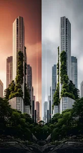 Architectural Split of Green Skyscrapers and Rocky Forest