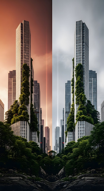 Architectural Split of Green Skyscrapers and Rocky Forest - Free mobile Wallpaper