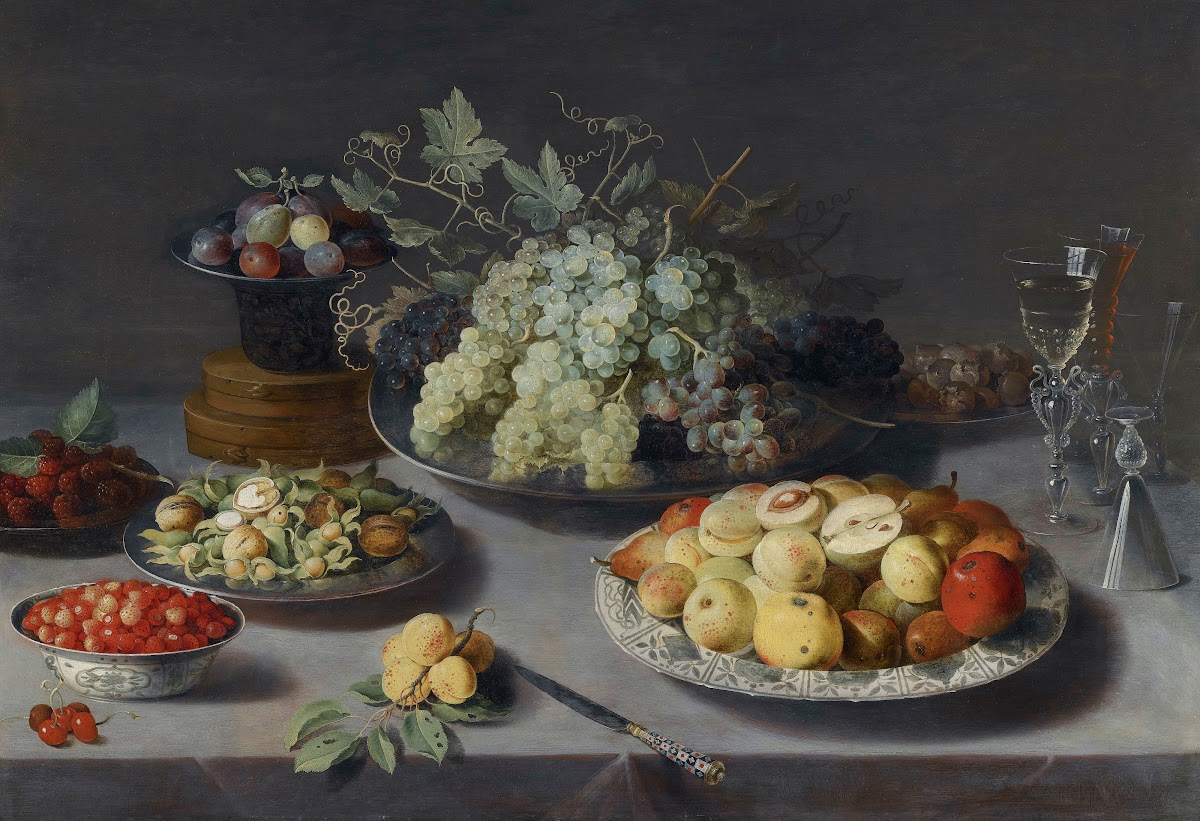 Still Life Of Grapes And Other Fruits With A Knife Façon De Venise Wineglasses A