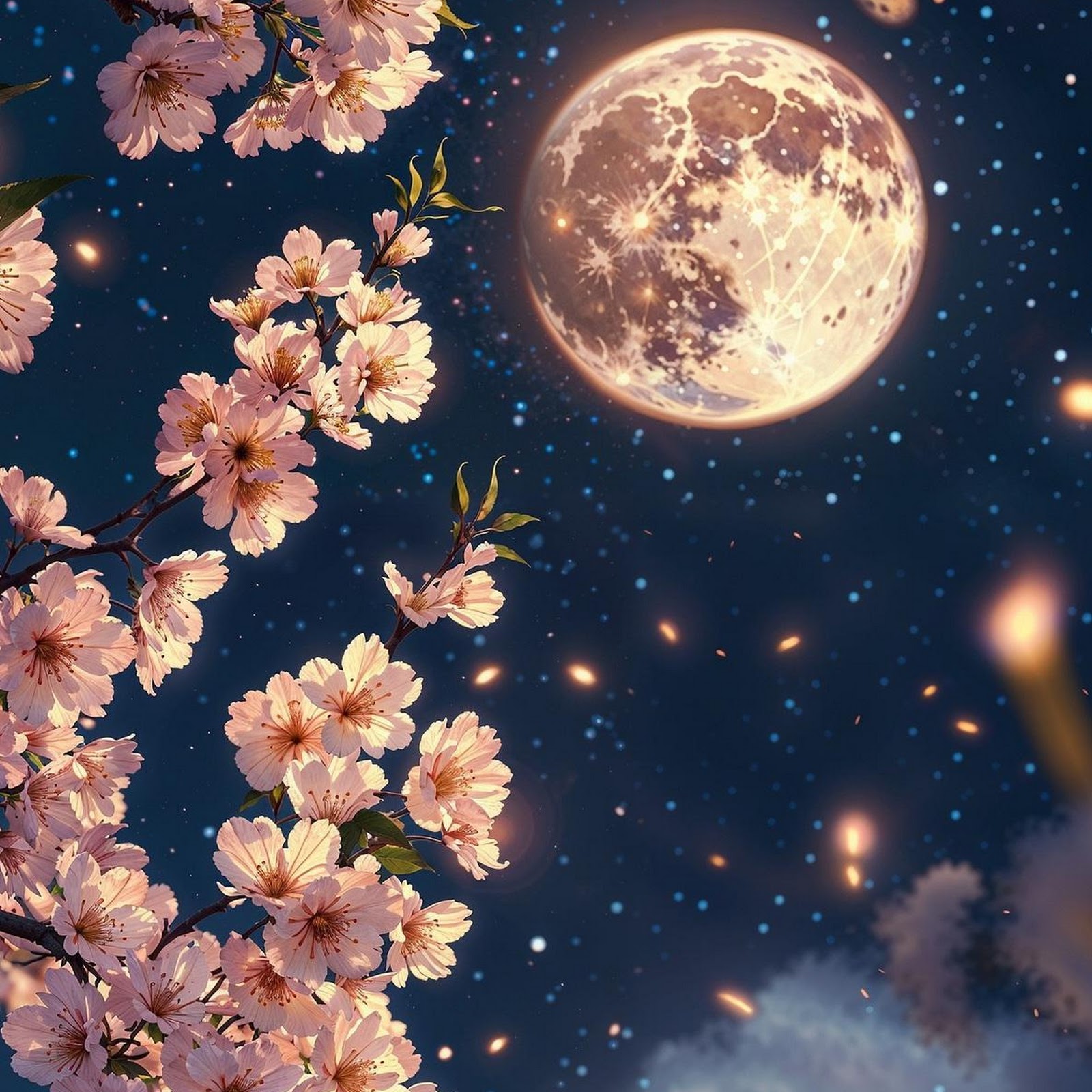 Download Glowing Cherry Blossoms Under Full Moon Full HD iPhone