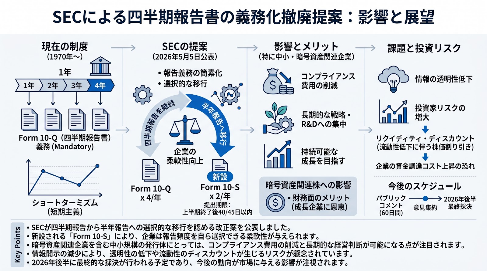 SECが四半期報告書の義務化撤廃を提案：暗号資産関連株への影響と展望