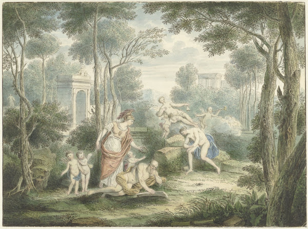 Arcadisch landschap met Athene die een oude man kroont en Venus en Adonis 1747