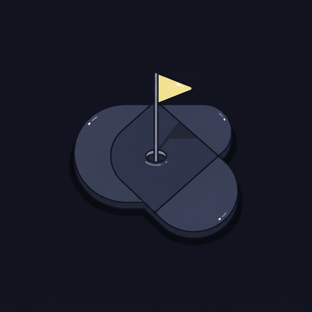 Minimalist 2D vector top view of a stylized golf green and flag on dark Funded Plays background illustrating john deere classic odds with geometric shapes and accent color highlights