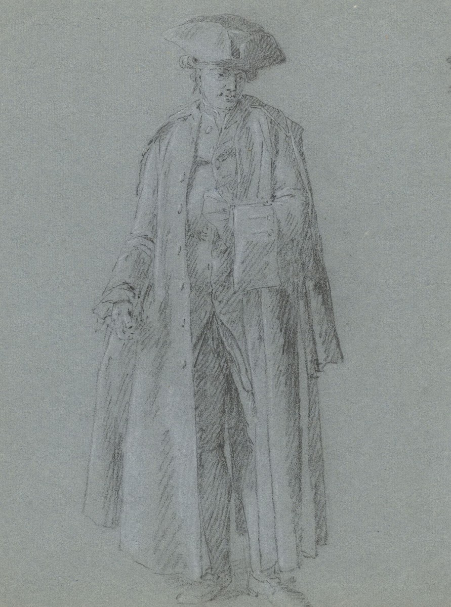 Man met steek in zeer lange jas een hand in zijn vest gestoken 18th century