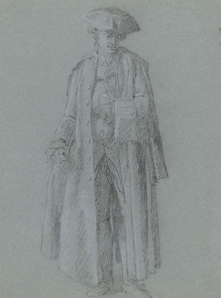 Man met steek in zeer lange jas een hand in zijn vest gestoken 18th century