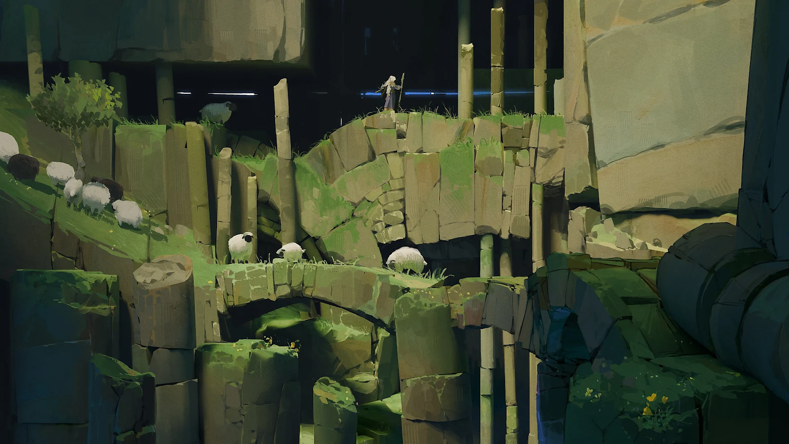 Lone Shepherd Amongst Mossy Ruins - Digital Concept Art 4K Wallpaper (3840x2160)