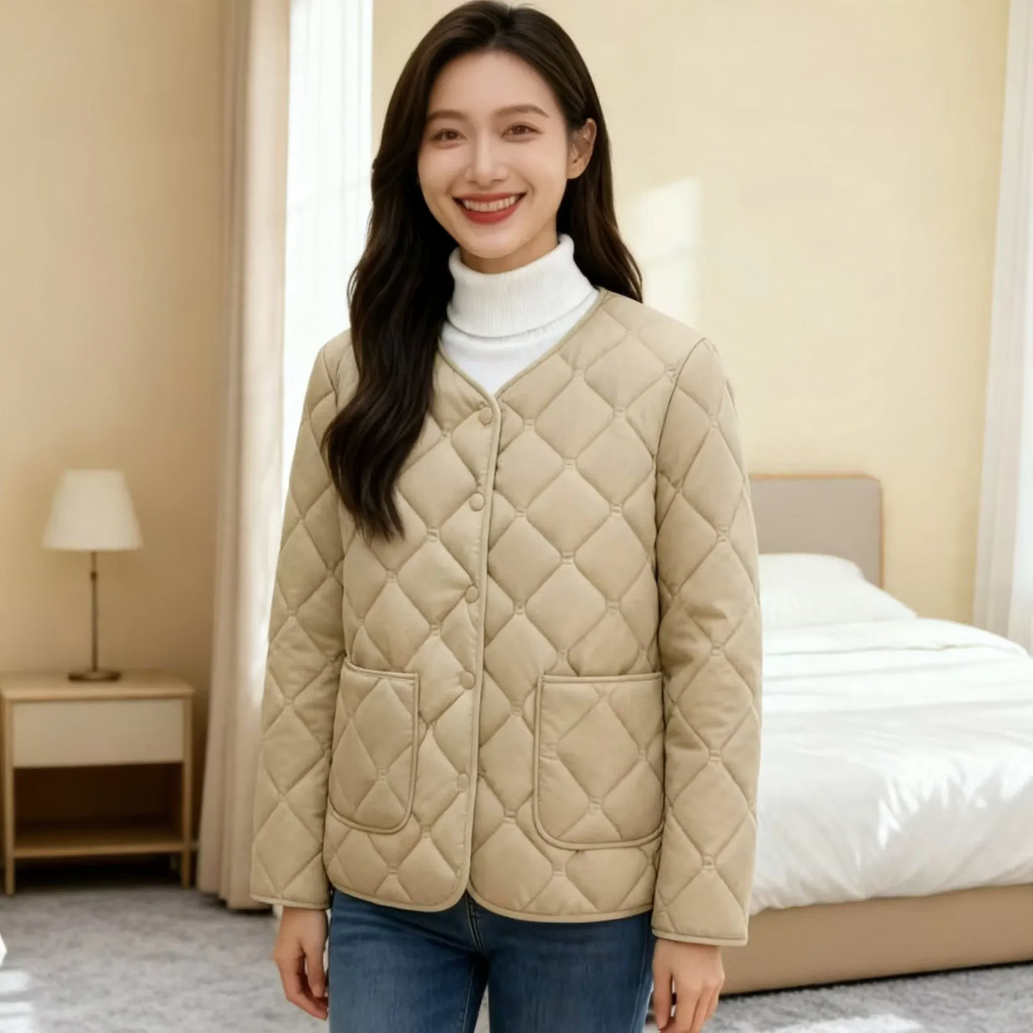Women's lightweight, tailored puffer jacket with V-neck