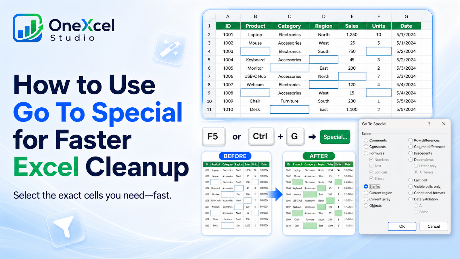Excel Go To Special menu selecting blanks, formulas, constants, or visible cells